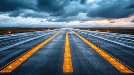 A wet runway stretches to the horizon under a dramatic, stormy sky, runway lights illuminating the path
