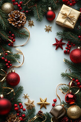 A festive Christmas-themed flat lay with decorations perfect for holiday marketing, greeting cards, and winter celebrations, featuring ample copy space.