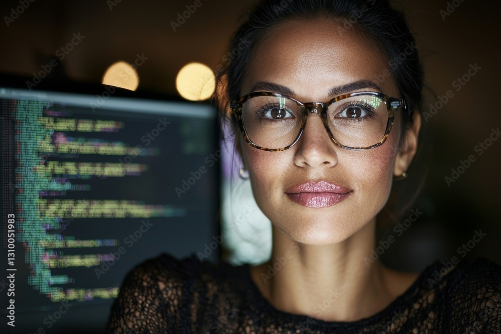 Poster an asian cybernetics engineer writes code to secure the mainframe database as a confident cyber secu