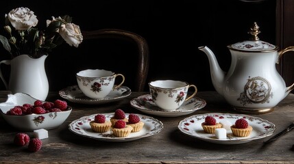 Fototapeta premium Fine china tea set with sugar cubes, a milk jug, and a plate of raspberry tarts.
