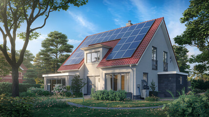 A modern house with solar panels on its red-tiled roof, surrounded by a lush green garden ai generated
