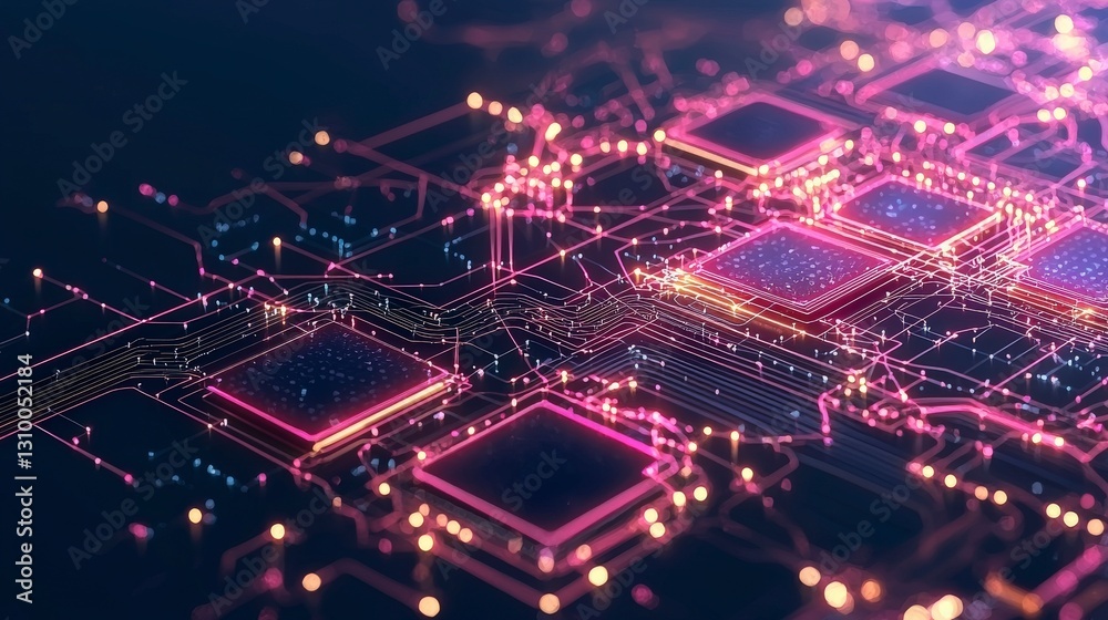 Poster digital circuitry with glowing lines and geometric shapes, representing blockchain network connected