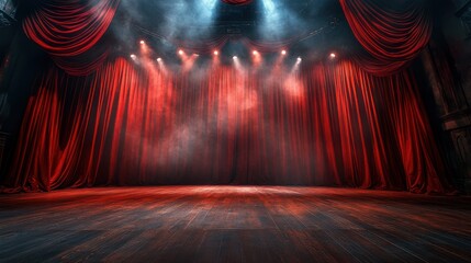 Dramatic Stage: Red Curtains, Moody Lighting & Awaits Performance - Captivating Theater Ambiance