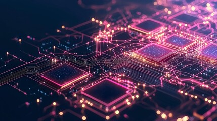 Fototapeta premium Digital circuitry with glowing lines and geometric shapes, representing blockchain network connected technology and innovation.