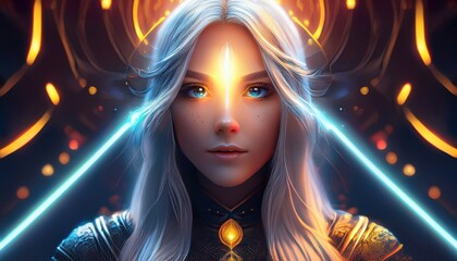 A bold fantasy character stands proudly in a magical, glowing environment.