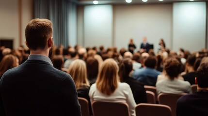 Obraz premium Audience observing a speaker at a conference hall.