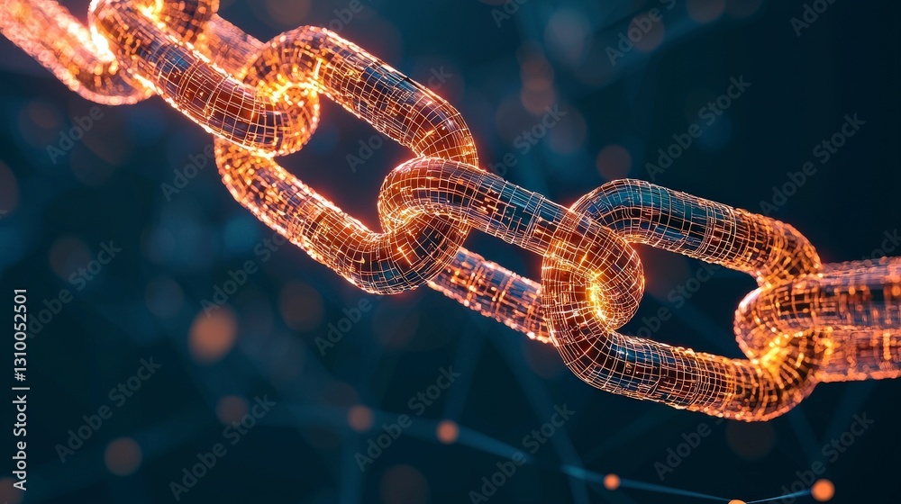 Poster futuristic glowing blockchain data blocks forming a chain links with a digital aesthetic, representi