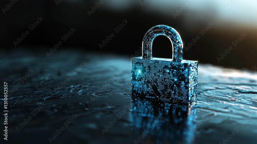 Poster a dark blue background with an outer blur serves as the setting for a large central padlock, which i