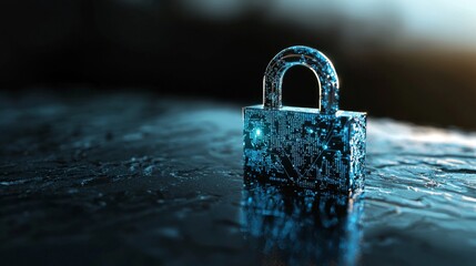 Fototapeta premium A dark blue background with an outer blur serves as the setting for a large central padlock, which is connected to small padlock binary polygons, symbolizing the concept of cybersecurity information