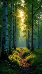 Green forest at dusk with birch trees swaying in the wind, autumn, trees, woods