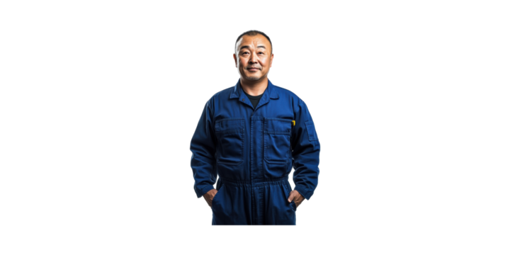 Man in blue coveralls with hands in pockets isolated on transparent background
