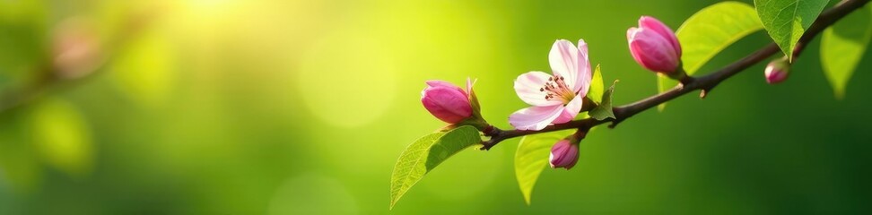 Obraz premium Green leafy branches with delicate pink flowers unfolding in the morning light, greenery, flowers, blossoming trees