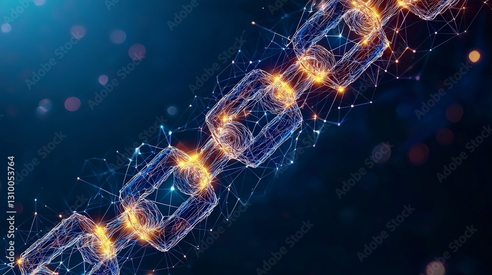 Poster digital representation of a blockchain with glowing connections and particles, symbolizing technolog