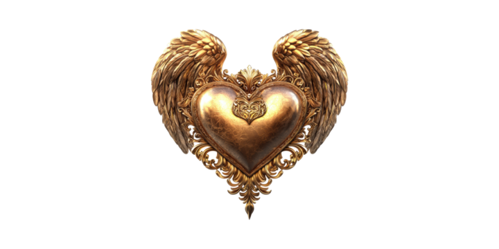Golden ornate heart with angel wings isolated on transparent background