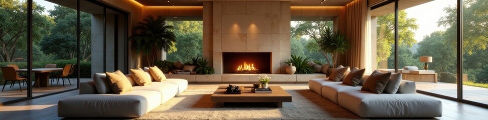 Open-plan living area, grand fireplace, ample seating, sofa, warmth