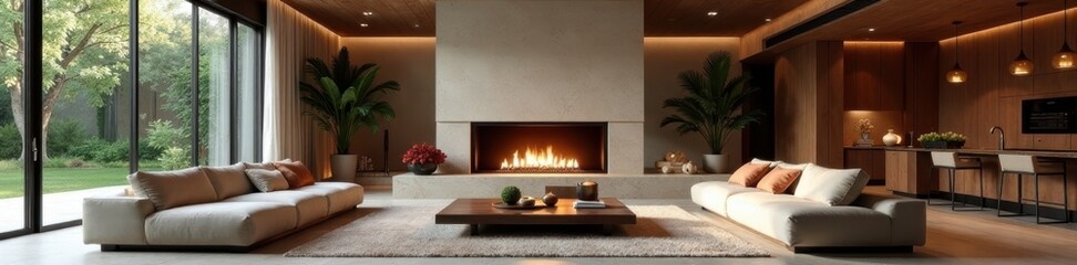 Open-plan living area, grand fireplace, ample seating, interior design, fireplace, house