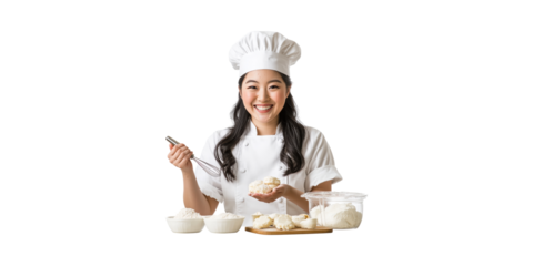 Smiling pastry chef with dough and baking ingredients isolated on transparent background