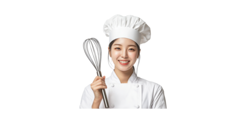 Smiling chef holding whisk in uniform isolated on transparent background