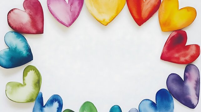 Colorful painted hearts arranged in a semi circle pattern