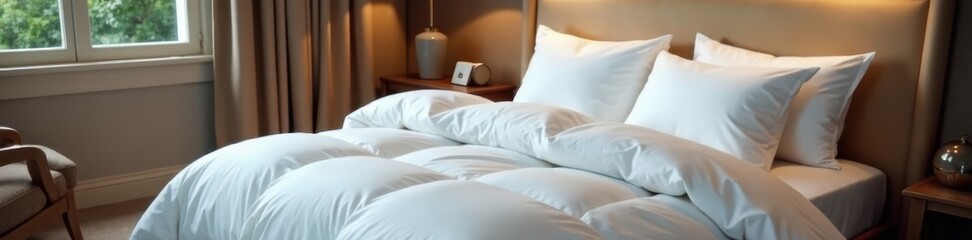 Perfectly smooth duvet, crisp pillowcases, empty bedside table, bedside table, lodging, rest