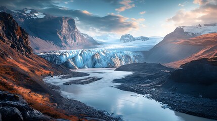 Fototapeta premium Glacier flows through mountains, clouds overhead, landscape photo
