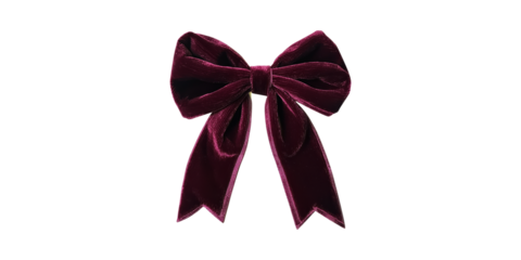 Burgundy velvet bow with ribbon tails isolated on transparent background