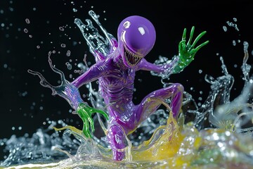 A shiny purple creature with green claws emerging from water creates a surreal and futuristic scene, blending horror and sci-fi.