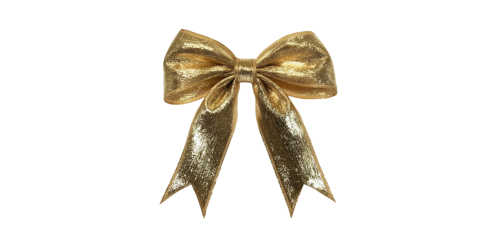 Shiny golden ribbon bow with long tails isolated on transparent background