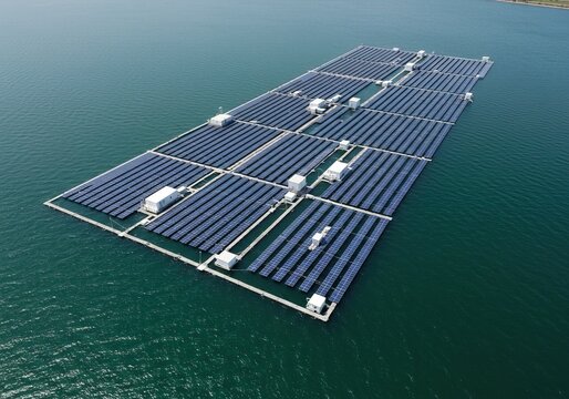 Floating Offshore Solar Farm Clean Energy, Panels, Water, Sustainable Power