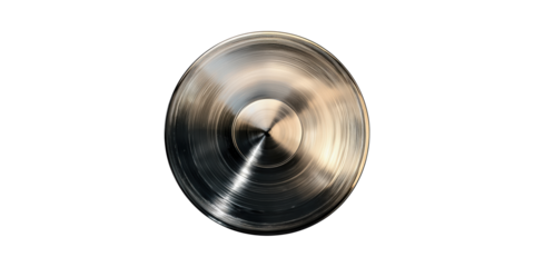 Shiny metallic cymbal with circular spinning pattern isolated on transparent background