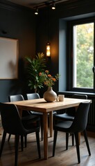 Rustic wooden dining table, black chairs Warm lighting , shadow, farmhouse, vintage