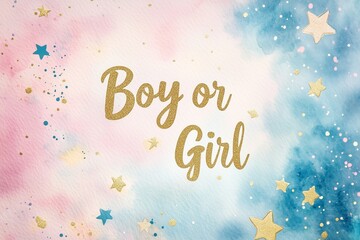 Boy or Girl text in gold glitter with pastel watercolor splashes and stars. Concept: stylish gender reveal announcement