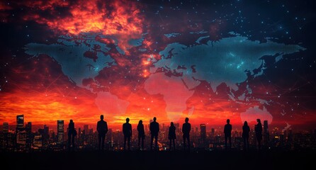 Silhouetted Figures Against a Colorful Cityscape and World Map Illustration in a Dramatic Sunset Sky Emphasizing Global Connectivity and Community