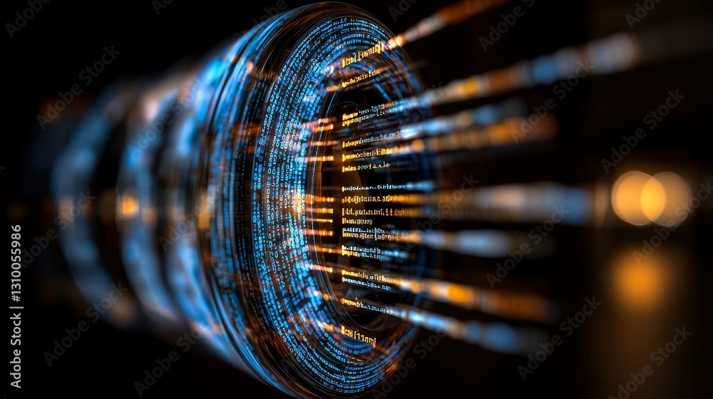 Poster conceptual illustration of abstract networks, random code, and web development, blended with softwar