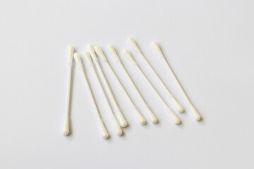 Close up shot of the cotton buds on the white background. Hygiene