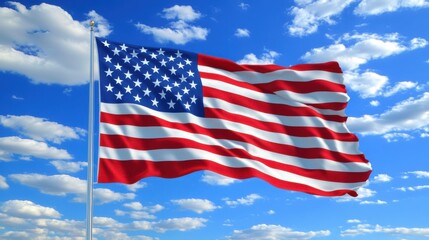 Obraz premium Stars and Stripes Forever: An American Flag Waving Proudly Under a Bright Blue, Cloudy Sky
