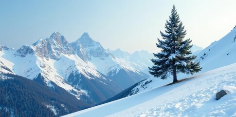 Fototapeta premium Lone pine tree on a snow-covered mountain slope, mountain slope,, bare branches