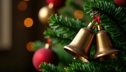 Pinecone and bell arrangement on a Christmas tree, seasonal, ornament, bell