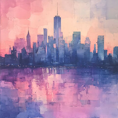 Obraz premium Abstract Watercolor Painting of Manhattan Skyline: Tranquil Urban Landscape with Pastel and Vivid Colors at Dusk