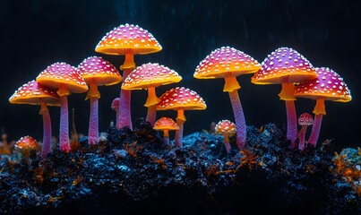 Enchanted Forest: Vibrant Mushroom Cluster on Dark Soil under the rain