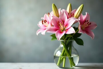 Obraz premium Pink and white lilies in a vase with soft petals, fresh, floral arrangement