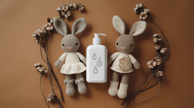 Two crocheted bunny dolls placed beside a bottle of lotion on a warm-toned background ai generated