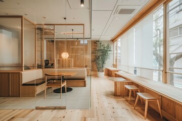 Fototapeta premium Bright modern office with wooden wall accents, glass partitions, and clean minimal furniture layout