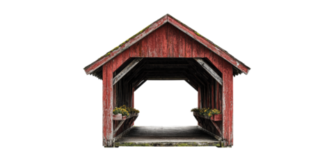 Rustic red covered bridge with wooden structure isolated on transparent background