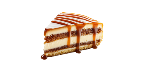 Slice of cheesecake with caramel drizzle and creamy layers isolated on transparent background