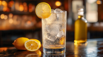 John Collins cocktail with lemon juice and soda served at a bar during evening hours