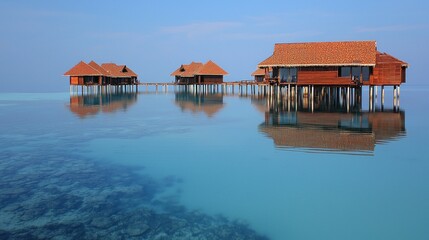Fototapeta premium Overwater Bungalows on Calm Ocean, Coral Reefs Below