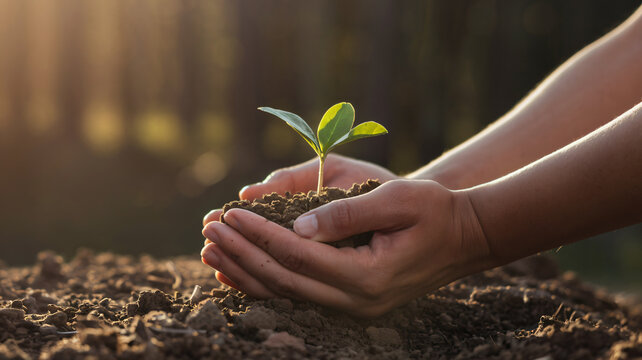 A close-up of hands gently cradling a young green seedling in soil, symbolizing growth and nurturing ai generated