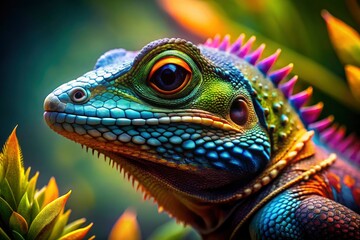 Fototapeta premium Blue Headed Lizard, Green Tail Lizard, Colorful Lizard, Reptile, AI Generated Image, Fantasy Lizard, Digital Art, Reptilian Art, Exotic Lizard