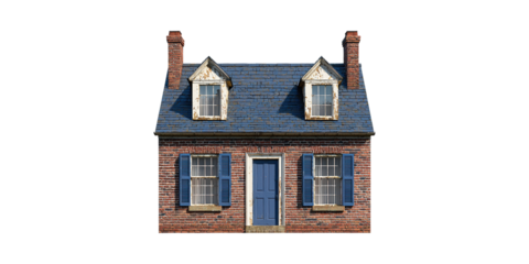 Red brick house with blue shutters and chimneys isolated on transparent background